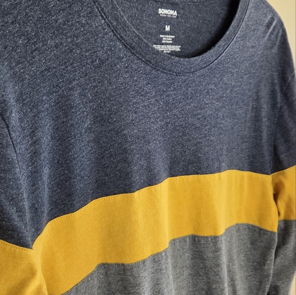 Sonoma | Heathered Blue Yellow Striped Colorblock Long Sleeve Tee Size Medium - Picture 4 of 5